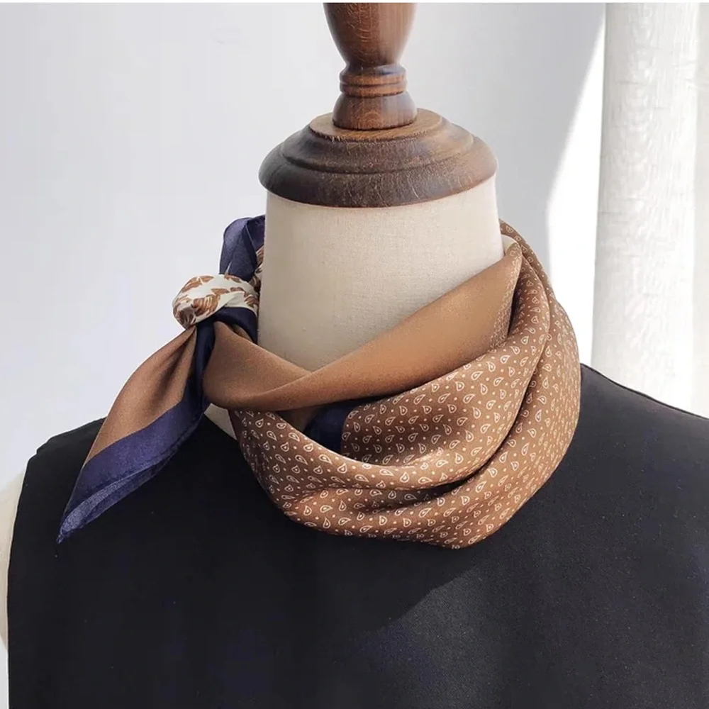 Brown & Cream Patterned Silk Scarf 100% Real Mulberry Silk Women Small 21